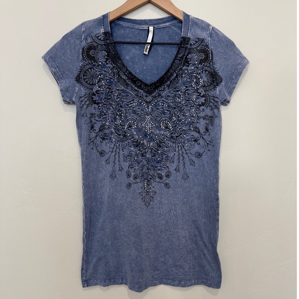 Petrol Womens Acid Wash Graphic T-Shirt Blue Rhinestone Fairy Grunge Alternative
